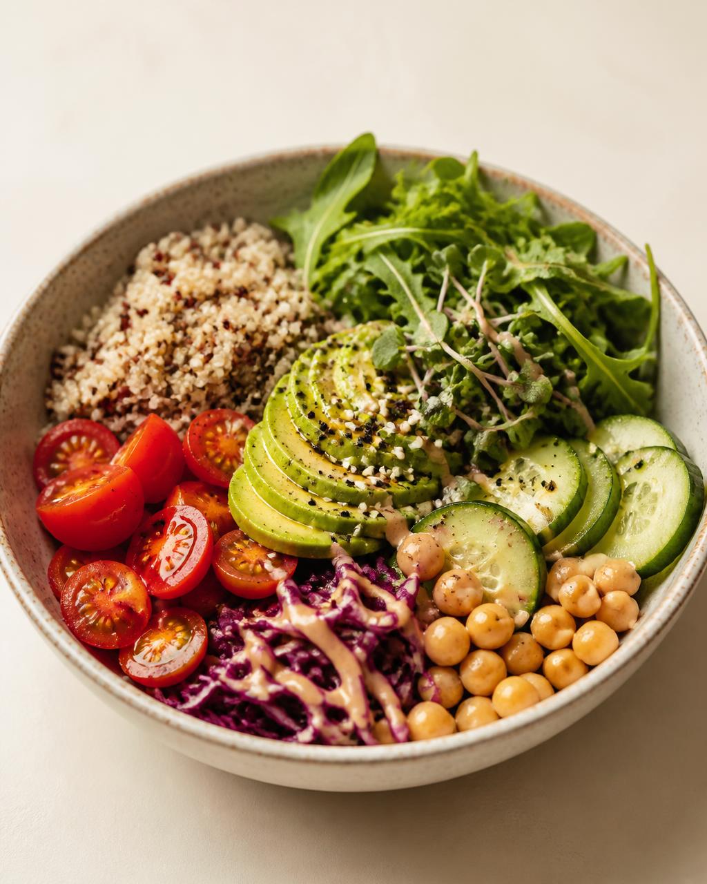 Bowl colorido com quinoa, grão-de-bico, abacate e folhas