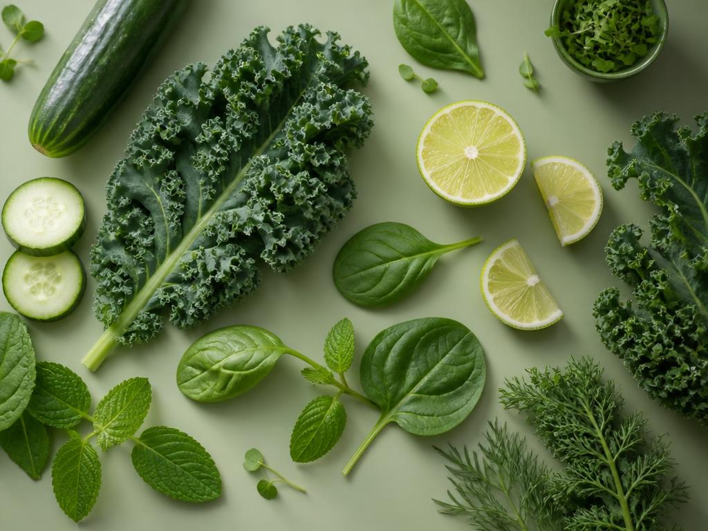 Vegetais e ervas frescas dispostos sobre fundo verde suave